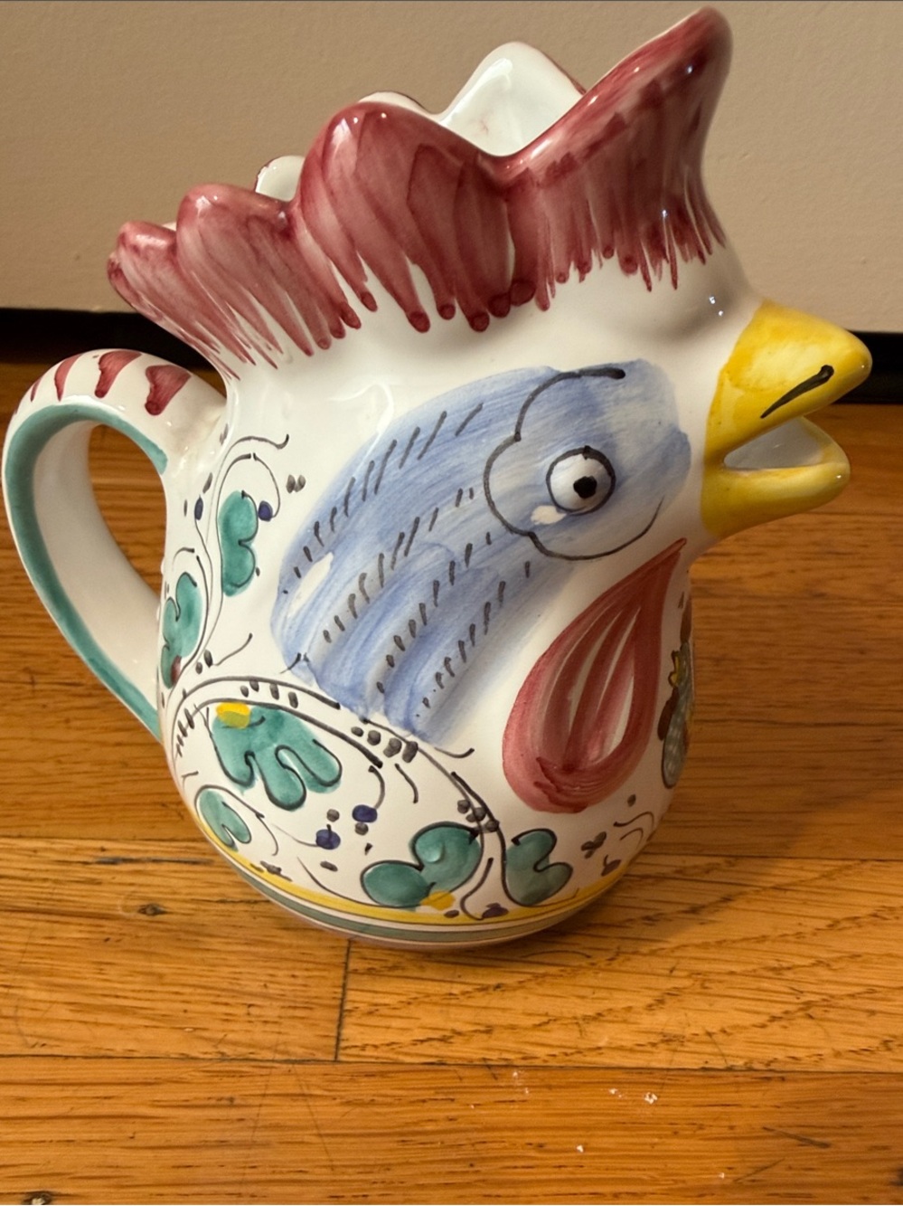 Majolica Rooster Pitcher —Hand-Painted Rooster Ceramic Pitcher in Multicolor